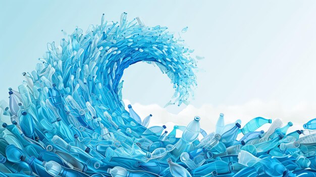 L'onda blu fatta di bottiglie di plastica illustra l'inquinamento dell'oceano