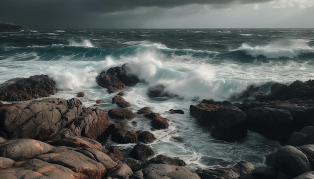 L'onda che si infrange si schianta contro la costa rocciosa schizzando schiuma generata dall'intelligenza artificiale