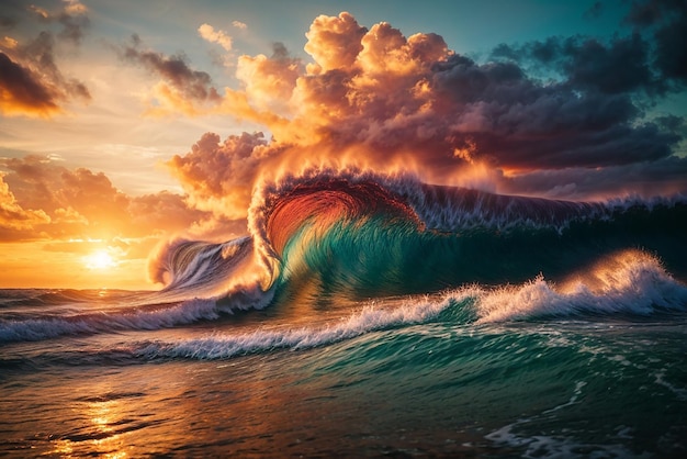 L'onda della natura incontra la nuvola e il cielo del tramonto