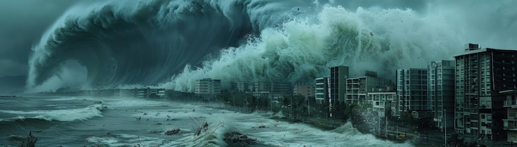 Foto l'onda dello tsunami che colpisce la città costiera