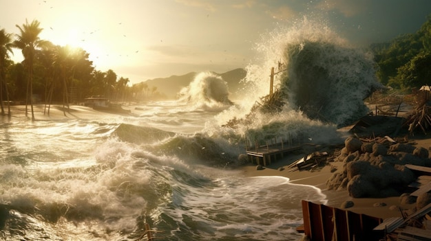 L'onda dello tsunami rotola sulla riva portandola