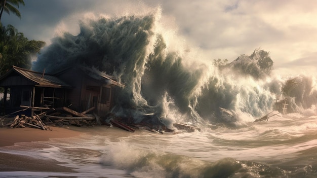 L'onda dello tsunami rotola sulla riva portandola