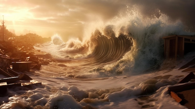 L'onda dello tsunami rotola sulla riva portandola