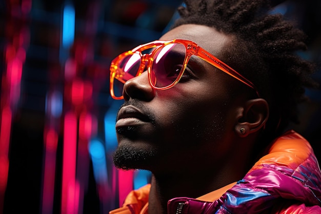 L'onda retrò o il ritratto dell'onda sintetizzata di un giovane uomo africano serio felice in studio Modello maschile di alta moda in luci al neon luminose colorate in posa su sfondo nero Concetto di design artistico