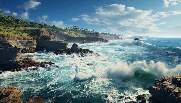 L'onda si infrange sulla scogliera creando uno splendido paesaggio marino al tramonto generato dall'intelligenza artificiale