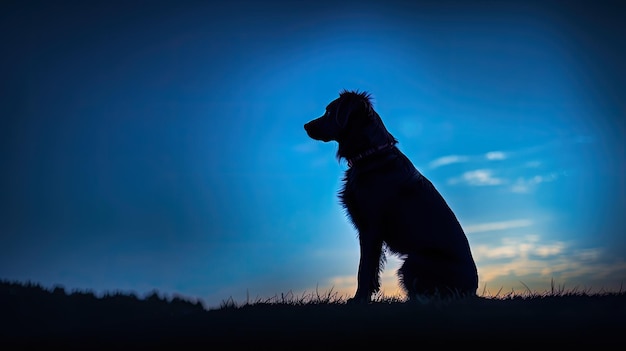 L'ora blu serale illumina il cane in silhouette