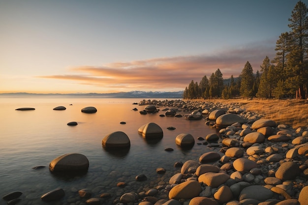 L'ora d'oro al mattino presto prima dell'alba sul lago Tahoe, in California