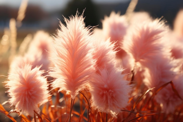 L'ora d'oro brilla sulla morbida erba rosa della pampa