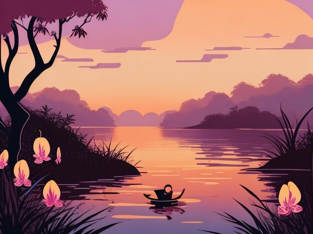 L'orchidea sussurra un vivace tramonto sul fiume