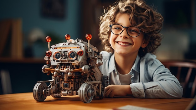 L'orgoglioso inventore Un piccolo nerd trionfa con la sua creazione di robot
