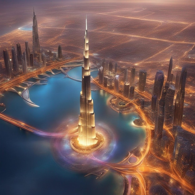 L'orizzonte del Burj Khalifa di Dubai all'ora del tramonto negli Emirati Arabi Uniti