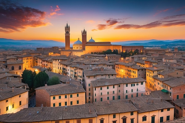 L'orizzonte del centro di Siena in Italia con un bellissimo tramonto