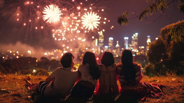 L'orizzonte della città e i fuochi d'artificio illuminano i volti degli amici in un parco di notte