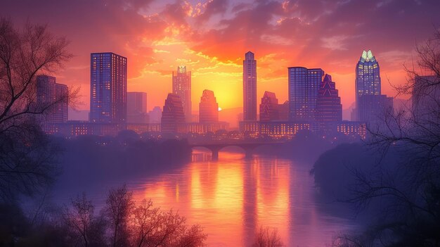 L'orizzonte di Austin, in Texas, con vista sul lago Lady Bird al tramonto