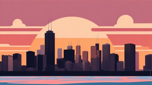 L'orizzonte di Chicago al tramonto Rose Radiance Vector Illustration