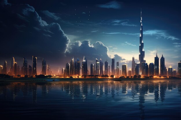 L'orizzonte di Dubai al tramonto Emirati Arabi Uniti Medio Oriente L'orizontale di Dubai la sera AI Generato