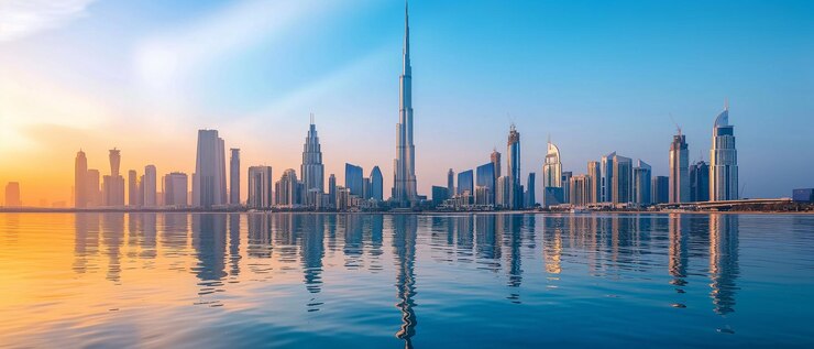 Foto l'orizzonte di dubai riflesso nelle acque calme al tramonto