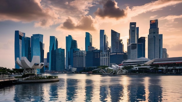 L'orizzonte di Singapore e la vista dei grattacieli sulla baia di Marina al tramonto