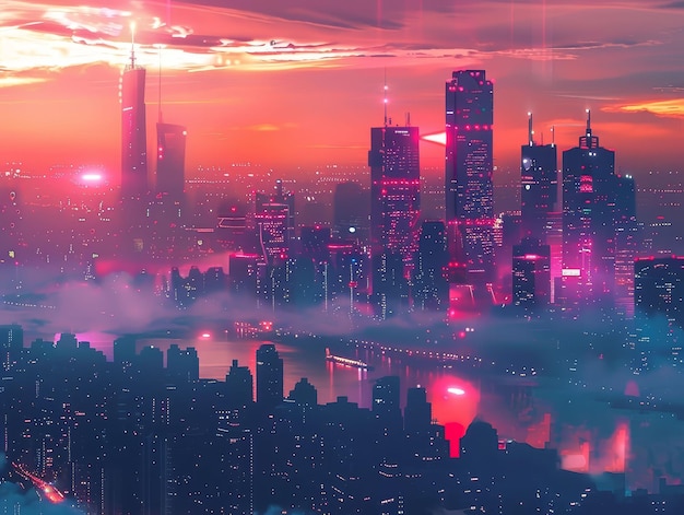L'orizzonte futuristico al crepuscolo I sogni al neon incontrano i cieli digitali