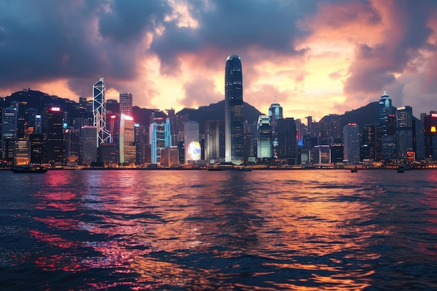 L'orizzonte iconico di Hong Kong al crepuscolo Overcast Sunset Skyline di Hong Kong generato da Ai