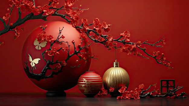 L'ornamento decorativo rosso e dorato è decorato con un delicato e elegante ramo di fiori di ciliegio con foglie sullo sfondo rosso