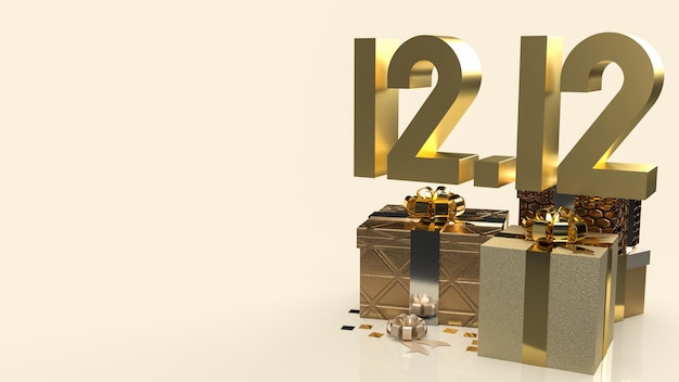 L'oro 1212 e la confezione regalo su fondo oro per il giorno dello shopping o il rendering 3d di marketing promozionale