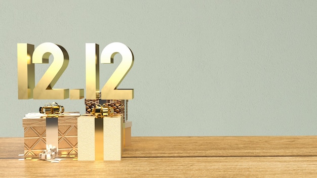 L'oro 1212 e la confezione regalo su tavola di legno per il giorno dello shopping o il marketing promozionale 3d renderingxA