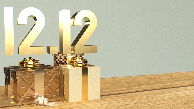 L'oro 1212 e la confezione regalo su tavola di legno per il giorno dello shopping o il marketing promozionale 3d renderingxA