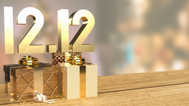 L'oro 1212 e la confezione regalo su tavola di legno per il giorno dello shopping o il marketing promozionale 3d renderingxA