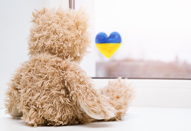 L'orsacchiotto guarda un cuore dipinto con i colori della bandiera ucraina
