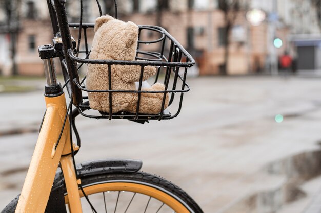 L'orsacchiotto si siede in un cestino della bicicletta