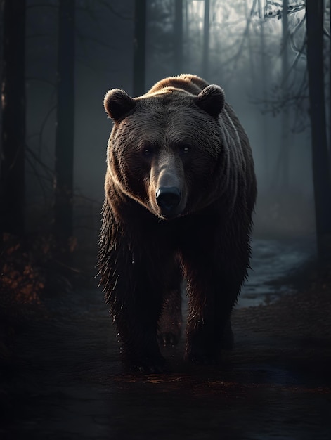 l'orso cammina attraverso una foresta oscura con una luce sullo sfondo