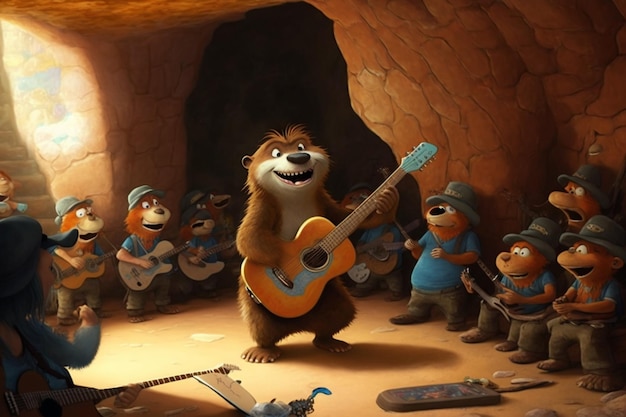 L'orso musicale suona una chitarra e la band suona una chitarra.