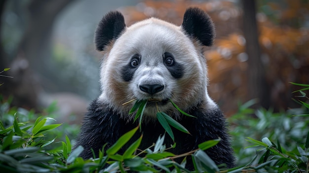 L'orso panda che si nutre di bambù nella foresta