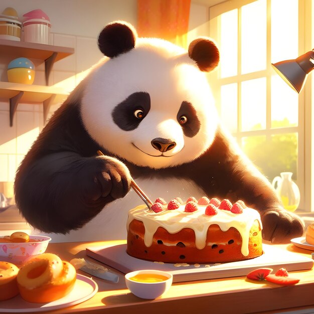 L'orso panda decorando la torta in cucina