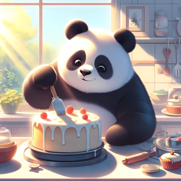 L'orso panda decorando la torta in cucina