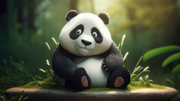 L'orso panda è seduto sull'erba.