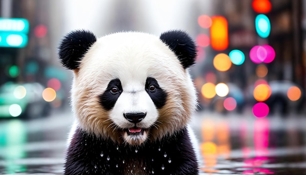 L'orso panda sotto la pioggia giace sull'asfalto fradicio nel centro della metropoli Generative AI