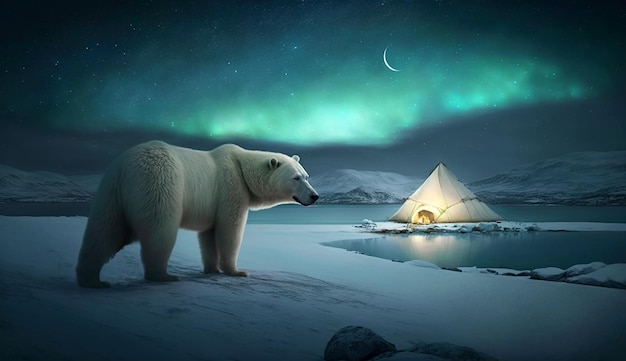 L'orso polare cammina vicino alla tenda da campeggio sotto l'aurora boreale verde o l'IA generativa dell'aurora