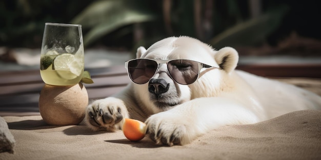 L'orso polare è in vacanza estiva in località balneare e si rilassa sulla spiaggia estiva