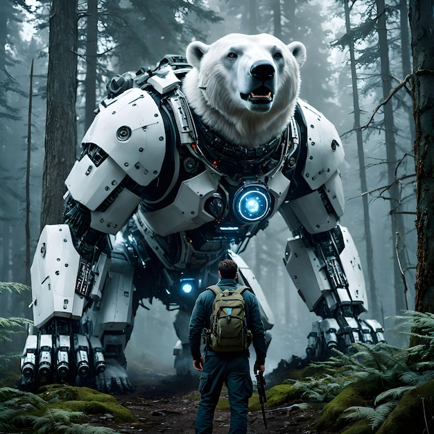 l'orso polare, una bestia mezzo meccanica con diodi emettitori e fumi di fumo, si trova nella foresta