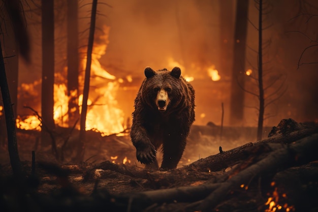 L'orso spaventato fugge dall'incendio boschivo, il più grande incendio nei boschi, disastro naturale, intelligenza artificiale generativa