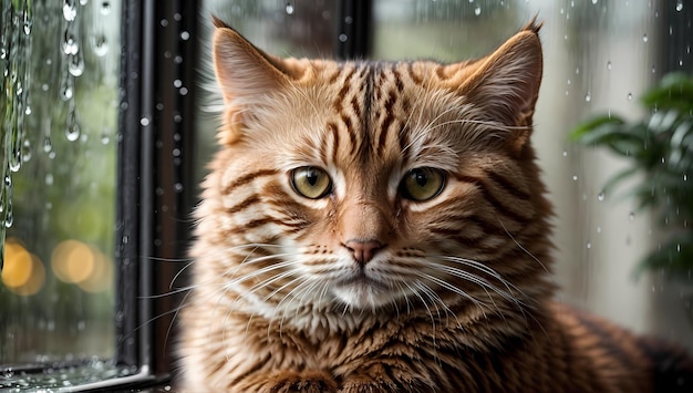 L'osservatore con luci soffuse Il gatto Oyen fotorealistico cattura la bellezza della finestra piovosa