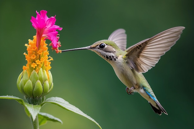 L'uccello colibrì che vola ha preso il nettare dal fiore