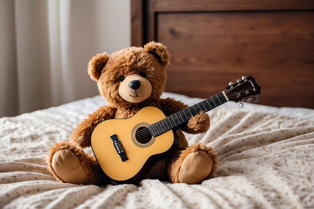 L'ukulele e l'orso di peluche messo su una scrivania di legno in studio di musica stanza sfocata luce intorno