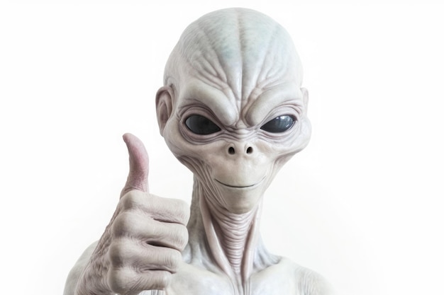 L'umanoide alieno mostra il gesto del pollice su sfondo bianco IA generativa