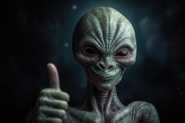 L'umanoide alieno mostra un gesto del pollice verso l'alto su uno sfondo scuro AI generativa