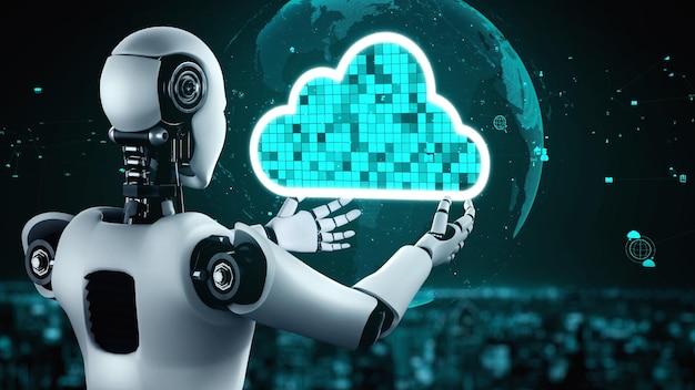 L'uminoide robotico AI utilizza la tecnologia del cloud computing per archiviare i dati su un server online