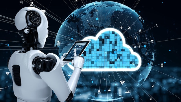 L'uminoide robotico AI utilizza la tecnologia del cloud computing per archiviare i dati su un server online