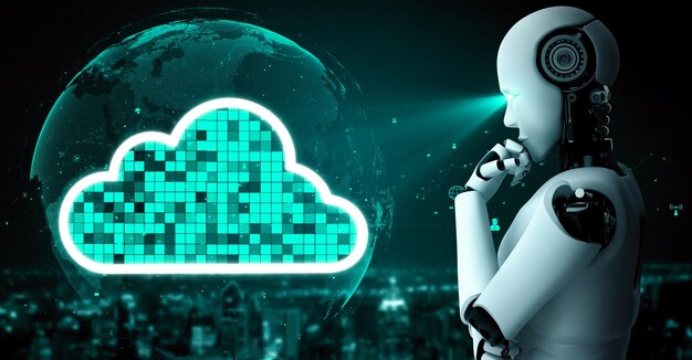 L'uminoide robotico AI utilizza la tecnologia del cloud computing per archiviare i dati su un server online
